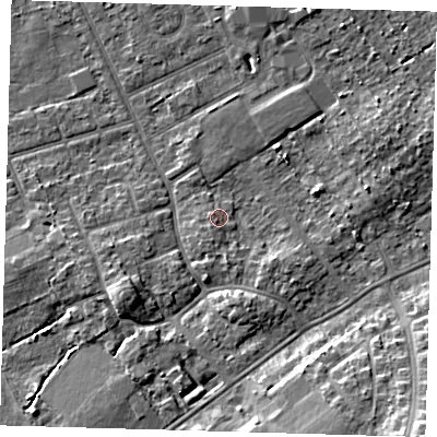 Shaded relief map of the ground around DN328LR, computed from Environment Agency LiDAR. The ground here sits at about 4 m above sea level and falls 10 m across the surrounding 800 m. Surface water reaching this point runs off ground lying to the east-north-east, 2.9 m higher.