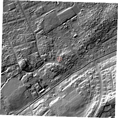 Shaded relief map of the ground around DN328LS, computed from Environment Agency LiDAR. The ground here sits at about 4 m above sea level and falls 12 m across the surrounding 800 m. Surface water reaching this point runs off ground lying to the east-north-east, 1.0 m higher.