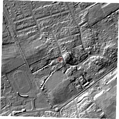 Shaded relief map of the ground around DN328NB, computed from Environment Agency LiDAR. The ground here sits at about 5 m above sea level and falls 8 m across the surrounding 800 m. Surface water reaching this point runs off ground lying to the east, 2.7 m higher.