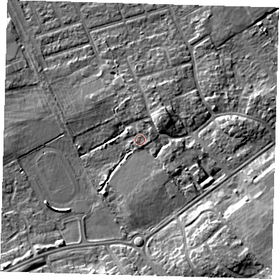 Shaded relief map of the ground around DN328ND, computed from Environment Agency LiDAR. The ground here sits at about 4 m above sea level and falls 8 m across the surrounding 800 m. Surface water reaching this point runs off ground lying to the north-east, 3.3 m higher.