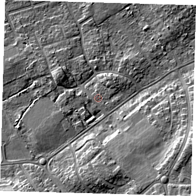 Shaded relief map of the ground around DN328NF, computed from Environment Agency LiDAR. The ground here sits at about 5 m above sea level and falls 11 m across the surrounding 800 m. The ground contributing surface water to this point lies to the south-east.