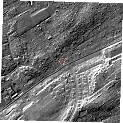 Shaded relief map of the ground around DN328NL, computed from Environment Agency LiDAR. The ground here sits at about 3 m above sea level and falls 12 m across the surrounding 800 m. Surface water reaching this point runs off ground lying to the west-south-west, 2.4 m higher.