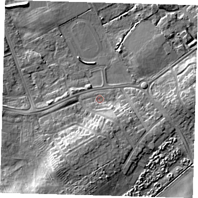 Shaded relief map of the ground around DN328PP, computed from Environment Agency LiDAR. The ground here sits at about 4 m above sea level and falls 9 m across the surrounding 800 m. Surface water reaching this point runs off ground lying to the south-east, 4.3 m higher.