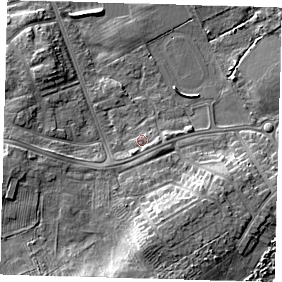 Shaded relief map of the ground around DN328QP, computed from Environment Agency LiDAR. The ground here sits at about 5 m above sea level and falls 9 m across the surrounding 800 m. Surface water reaching this point runs off ground lying to the east-south-east, 1.5 m higher.