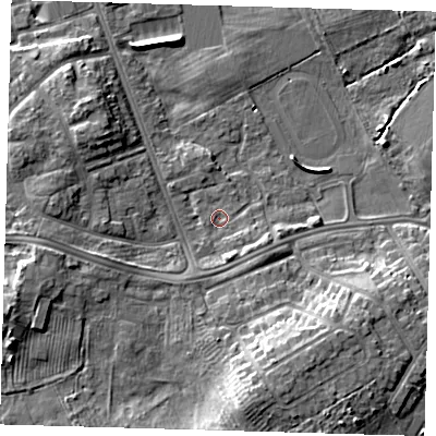 Shaded relief map of the ground around DN328QS, computed from Environment Agency LiDAR. The ground here sits at about 4 m above sea level and falls 9 m across the surrounding 800 m. Surface water reaching this point runs off ground lying to the south-south-east, 7.3 m higher.