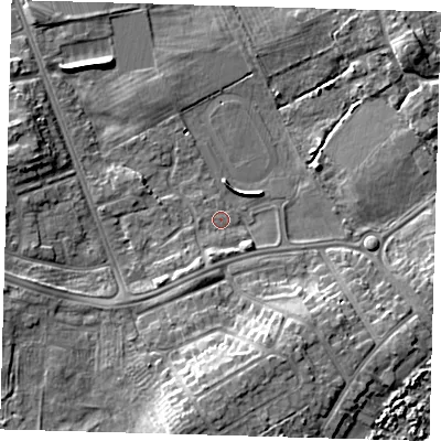 Shaded relief map of the ground around DN328QT, computed from Environment Agency LiDAR. The ground here sits at about 3 m above sea level and falls 9 m across the surrounding 800 m. Surface water reaching this point runs off ground lying to the south, 8.5 m higher.