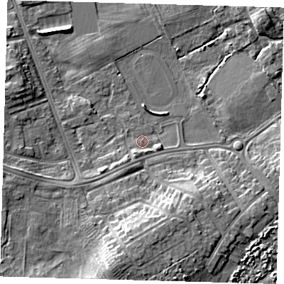 Shaded relief map of the ground around DN328QW, computed from Environment Agency LiDAR. The ground here sits at about 4 m above sea level and falls 9 m across the surrounding 800 m. Surface water reaching this point runs off ground lying to the south-south-west, 2.3 m higher.