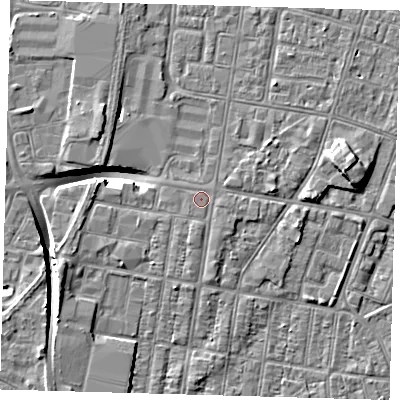 Shaded relief map of the ground around DN329AA, computed from Environment Agency LiDAR. The ground here sits at about 4 m above sea level and falls 9 m across the surrounding 800 m. The ground contributing surface water to this point lies to the north-east.