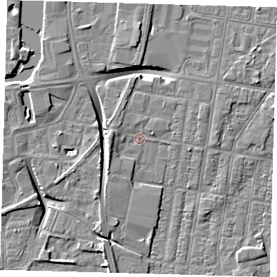 Shaded relief map of the ground around DN329AB, computed from Environment Agency LiDAR. The ground here sits at about 3 m above sea level and falls 8 m across the surrounding 800 m. Surface water reaching this point runs off ground lying to the west, 2.3 m higher.