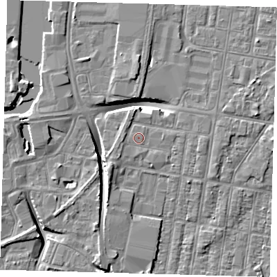 Shaded relief map of the ground around DN329AD, computed from Environment Agency LiDAR. The ground here sits at about 4 m above sea level and falls 8 m across the surrounding 800 m. Surface water reaching this point runs off ground lying to the west, 1.0 m higher.