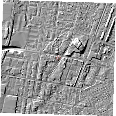 Shaded relief map of the ground around DN329AH, computed from Environment Agency LiDAR. The ground here sits at about 3 m above sea level and falls 9 m across the surrounding 800 m. Surface water reaching this point runs off ground lying to the east-north-east, 3.9 m higher.