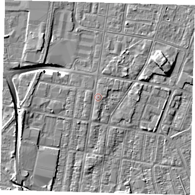 Shaded relief map of the ground around DN329AS, computed from Environment Agency LiDAR. The ground here sits at about 4 m above sea level and falls 9 m across the surrounding 800 m. Surface water reaching this point runs off ground lying to the south, 0.7 m higher.