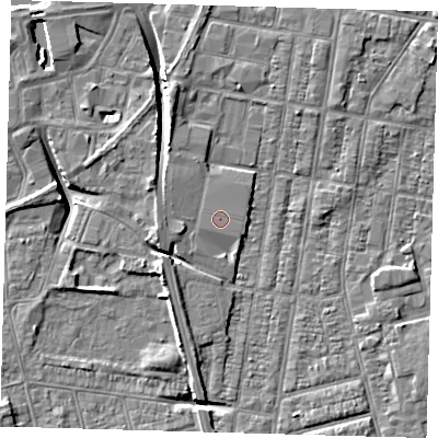 Shaded relief map of the ground around DN329AW, computed from Environment Agency LiDAR. The ground here sits at about 4 m above sea level and falls 8 m across the surrounding 800 m. The ground contributing surface water to this point lies to the east-north-east.
