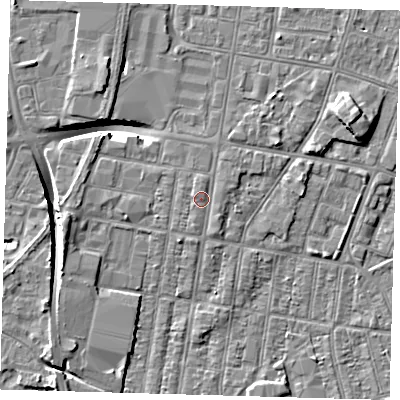 Shaded relief map of the ground around DN329BB, computed from Environment Agency LiDAR. The ground here sits at about 4 m above sea level and falls 9 m across the surrounding 800 m. Surface water reaching this point runs off ground lying to the south-east, 0.7 m higher.
