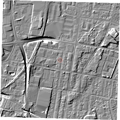 Shaded relief map of the ground around DN329BP, computed from Environment Agency LiDAR. The ground here sits at about 3 m above sea level and falls 9 m across the surrounding 800 m. Surface water reaching this point runs off ground lying to the west, 1.3 m higher.