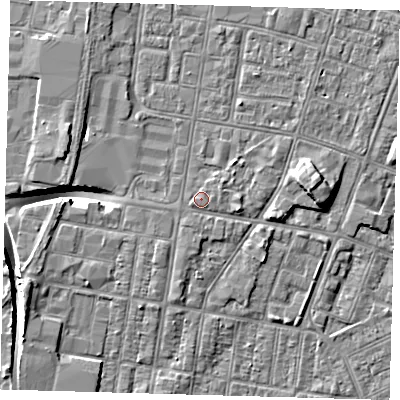 Shaded relief map of the ground around DN329DN, computed from Environment Agency LiDAR. The ground here sits at about 4 m above sea level and falls 9 m across the surrounding 800 m. Surface water reaching this point runs off ground lying to the west-south-west, 0.6 m higher.