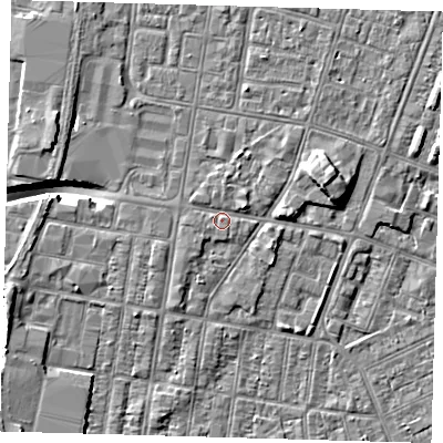 Shaded relief map of the ground around DN329DT, computed from Environment Agency LiDAR. The ground here sits at about 4 m above sea level and falls 9 m across the surrounding 800 m. Surface water reaching this point runs off ground lying to the east-north-east, 1.6 m higher.