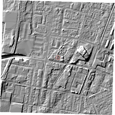Shaded relief map of the ground around DN329DU, computed from Environment Agency LiDAR. The ground here sits at about 4 m above sea level and falls 9 m across the surrounding 800 m. Surface water reaching this point runs off ground lying to the south-east, 1.3 m higher.