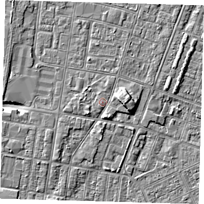 Shaded relief map of the ground around DN329DZ, computed from Environment Agency LiDAR. The ground here sits at about 4 m above sea level and falls 9 m across the surrounding 800 m. Surface water reaching this point runs off ground lying to the south-south-west, 0.8 m higher.