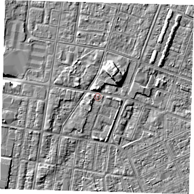 Shaded relief map of the ground around DN329EA, computed from Environment Agency LiDAR. The ground here sits at about 3 m above sea level and falls 8 m across the surrounding 800 m. Surface water reaching this point runs off ground lying to the south-west, 1.7 m higher.