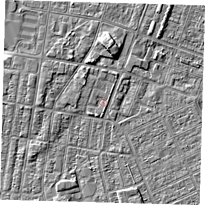 Shaded relief map of the ground around DN329EB, computed from Environment Agency LiDAR. The ground here sits at about 3 m above sea level and falls 5 m across the surrounding 800 m. Surface water reaching this point runs off ground lying to the north-north-west, 2.4 m higher.