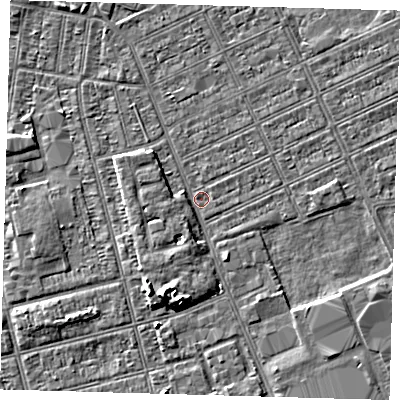 Shaded relief map of the ground around DN329EH, computed from Environment Agency LiDAR. The ground here sits at about 2 m above sea level and falls 5 m across the surrounding 800 m. Surface water reaching this point runs off ground lying to the south-south-west, 5.1 m higher.