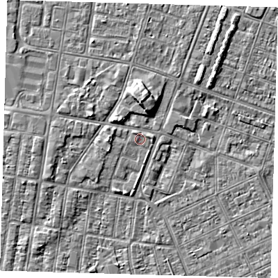 Shaded relief map of the ground around DN329HB, computed from Environment Agency LiDAR. The ground here sits at about 3 m above sea level and falls 5 m across the surrounding 800 m. Surface water reaching this point runs off ground lying to the west, 1.8 m higher.