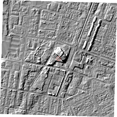 Shaded relief map of the ground around DN329HD, computed from Environment Agency LiDAR. The ground here sits at about 4 m above sea level and falls 5 m across the surrounding 800 m. Surface water reaching this point runs off ground lying to the south-west, 2.1 m higher.