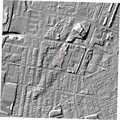 Shaded relief map of the ground around DN329HE, computed from Environment Agency LiDAR. The ground here sits at about 3 m above sea level and falls 9 m across the surrounding 800 m. The ground contributing surface water to this point lies to the south-south-east.