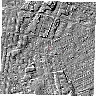 Shaded relief map of the ground around DN329HR, computed from Environment Agency LiDAR. The ground here sits at about 2 m above sea level and falls 5 m across the surrounding 800 m. Surface water reaching this point runs off ground lying to the south, 1.0 m higher.
