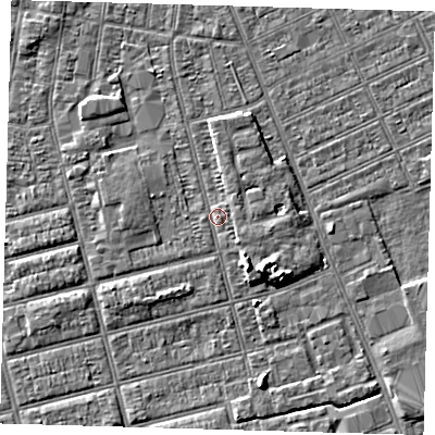 Shaded relief map of the ground around DN329HZ, computed from Environment Agency LiDAR. The ground here sits at about 4 m above sea level and falls 5 m across the surrounding 800 m. Surface water reaching this point runs off ground lying to the south-east, 2.4 m higher.
