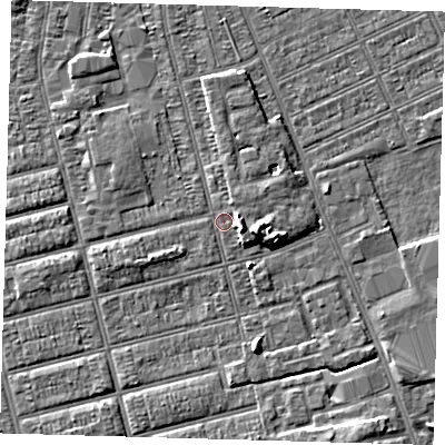 Shaded relief map of the ground around DN329JA, computed from Environment Agency LiDAR. The ground here sits at about 3 m above sea level and falls 5 m across the surrounding 800 m. Surface water reaching this point runs off ground lying to the east, 3.6 m higher.