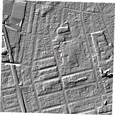 Shaded relief map of the ground around DN329JE, computed from Environment Agency LiDAR. The ground here sits at about 3 m above sea level and falls 7 m across the surrounding 800 m. Surface water reaching this point runs off ground lying to the south, 1.5 m higher.