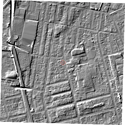 Shaded relief map of the ground around DN329JF, computed from Environment Agency LiDAR. The ground here sits at about 2 m above sea level and falls 9 m across the surrounding 800 m. Surface water reaching this point runs off ground lying to the south-east, 1.4 m higher.