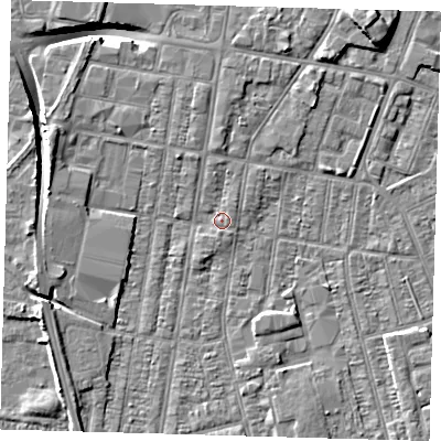 Shaded relief map of the ground around DN329JH, computed from Environment Agency LiDAR. The ground here sits at about 3 m above sea level and falls 9 m across the surrounding 800 m. Surface water reaching this point runs off ground lying to the north, 1.2 m higher.