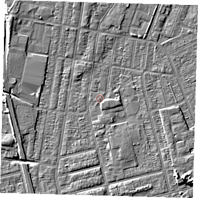 Shaded relief map of the ground around DN329JP, computed from Environment Agency LiDAR. The ground here sits at about 3 m above sea level and falls 10 m across the surrounding 800 m. Surface water reaching this point runs off ground lying to the east-south-east, 1.3 m higher.
