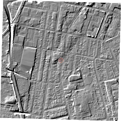 Shaded relief map of the ground around DN329JQ, computed from Environment Agency LiDAR. The ground here sits at about 3 m above sea level and falls 9 m across the surrounding 800 m. Surface water reaching this point runs off ground lying to the west-north-west, 5.2 m higher.