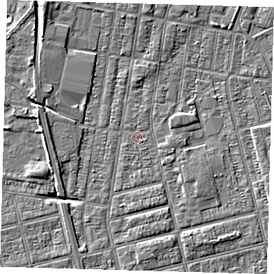 Shaded relief map of the ground around DN329LE, computed from Environment Agency LiDAR. The ground here sits at about 2 m above sea level and falls 8 m across the surrounding 800 m. Surface water reaching this point runs off ground lying to the south-east, 1.8 m higher.
