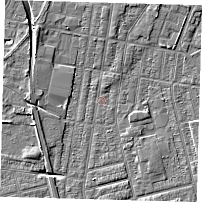Shaded relief map of the ground around DN329LF, computed from Environment Agency LiDAR. The ground here sits at about 2 m above sea level and falls 8 m across the surrounding 800 m. Surface water reaching this point runs off ground lying to the north-west, 5.2 m higher.
