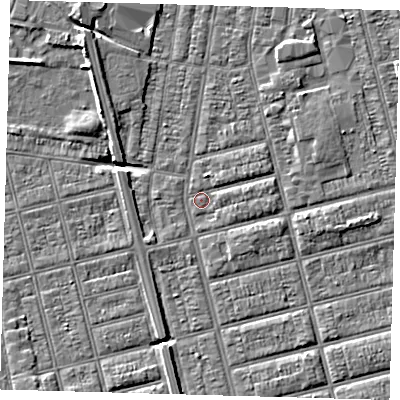 Shaded relief map of the ground around DN329LH, computed from Environment Agency LiDAR. The ground here sits at about 3 m above sea level and falls 5 m across the surrounding 800 m. Surface water reaching this point runs off ground lying to the east-north-east, 1.5 m higher.