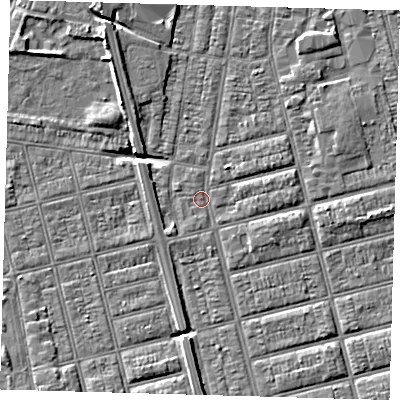 Shaded relief map of the ground around DN329LL, computed from Environment Agency LiDAR. The ground here sits at about 3 m above sea level and falls 5 m across the surrounding 800 m. Surface water reaching this point runs off ground lying to the south, 3.5 m higher.