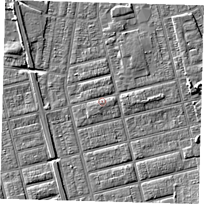 Shaded relief map of the ground around DN329LP, computed from Environment Agency LiDAR. The ground here sits at about 4 m above sea level and falls 7 m across the surrounding 800 m. Surface water reaching this point runs off ground lying to the east, 1.3 m higher.
