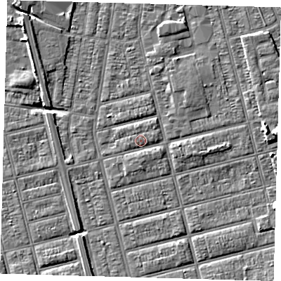 Shaded relief map of the ground around DN329LR, computed from Environment Agency LiDAR. The ground here sits at about 4 m above sea level and falls 7 m across the surrounding 800 m. Surface water reaching this point runs off ground lying to the east-south-east, 1.3 m higher.