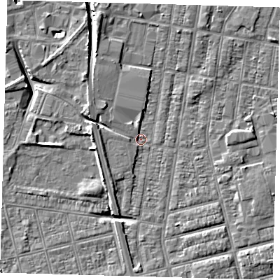 Shaded relief map of the ground around DN329LY, computed from Environment Agency LiDAR. The ground here sits at about 2 m above sea level and falls 8 m across the surrounding 800 m. Surface water reaching this point runs off ground lying to the west, 5.3 m higher.