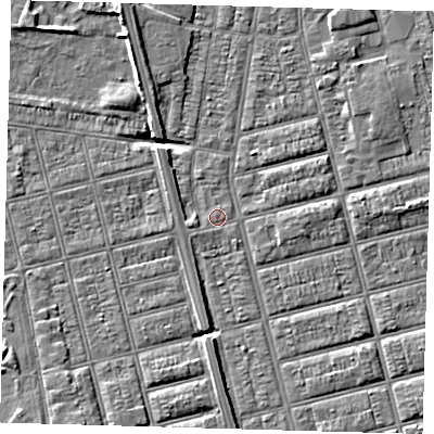 Shaded relief map of the ground around DN329LZ, computed from Environment Agency LiDAR. The ground here sits at about 3 m above sea level and falls 5 m across the surrounding 800 m. Surface water reaching this point runs off ground lying to the south, 3.6 m higher.