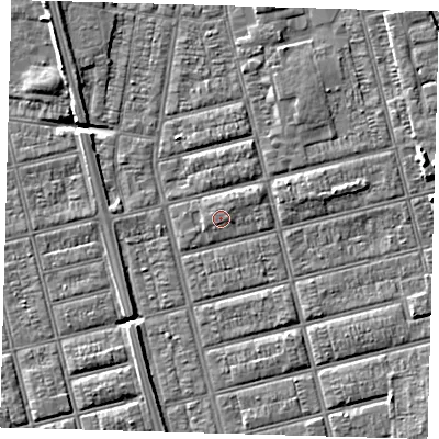 Shaded relief map of the ground around DN329NB, computed from Environment Agency LiDAR. The ground here sits at about 4 m above sea level and falls 7 m across the surrounding 800 m. The ground contributing surface water to this point lies to the south-west.
