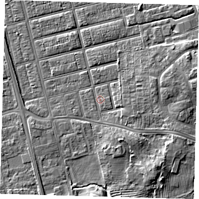 Shaded relief map of the ground around DN329NG, computed from Environment Agency LiDAR. The ground here sits at about 5 m above sea level and falls 7 m across the surrounding 800 m. Surface water reaching this point runs off ground lying to the east-south-east, 2.5 m higher.