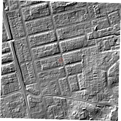 Shaded relief map of the ground around DN329NH, computed from Environment Agency LiDAR. The ground here sits at about 4 m above sea level and falls 8 m across the surrounding 800 m. Surface water reaching this point runs off ground lying to the south-east, 3.2 m higher.
