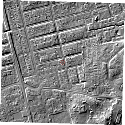 Shaded relief map of the ground around DN329NQ, computed from Environment Agency LiDAR. The ground here sits at about 4 m above sea level and falls 8 m across the surrounding 800 m. Surface water reaching this point runs off ground lying to the south-east, 2.9 m higher.