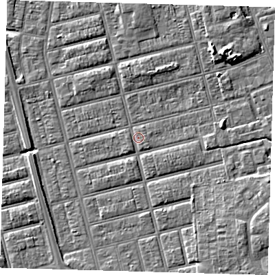 Shaded relief map of the ground around DN329NW, computed from Environment Agency LiDAR. The ground here sits at about 4 m above sea level and falls 6 m across the surrounding 800 m. Surface water reaching this point runs off ground lying to the south-south-west, 1.2 m higher.